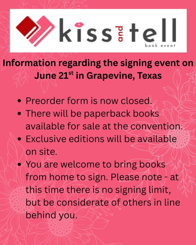 June 21st is right around the corner and thought  would share a few details with you, if you are planning to attend the book convention in Grapevine, Texas. 

I will have with me any preorders, exclusive editions, a few book bundles, merch, free stickers, swag, and other goodies. Bring books you have at home (I will happily sign them), we'll take pics, and free hugs! 🥰

I cannot wait to see everyone~ 
XOXO
Ginny