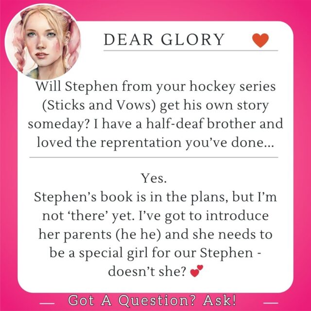 Did you know I have a 'Dear Glory' column—kind of like 'Dear Abby', but for all things bookish? 💌⁠
⁠
In today’s newsletter, someone asked about Stephen (Barrett & Irene’s son from Cold as Nice)... and YES, he’s getting a story! 🥹💙⁠

When a character sticks with me—when I just can’t shake them—I take notes, daydream, and wait for the perfect moment to write their journey. Sometimes it happens right away. Sometimes it takes a little longer.⁠
⁠
But Stephen? He’s always had a story coming.⁠
⁠
Are you as excited as I am to see where his path leads? 👀📚✨⁠
⁠
#ColdAsNice #CharacterLove #BookishNews #RomanceReaders #DearGlory #SweetRomance #cleanromance